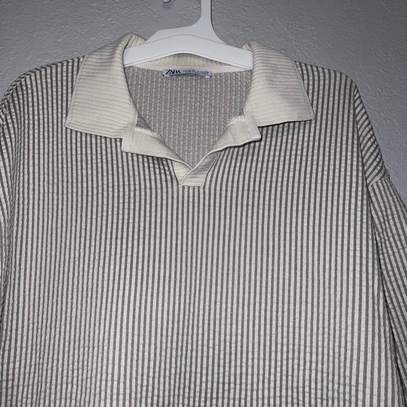 Zara Women White Gray Stripe Relax Loose Fit Collard Tunic Top Shirt - Picture 2 of 6